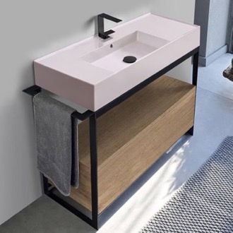 Console Bathroom Vanity Pink Sink Bathroom Vanity, Floor Standing, Natural Brown Oak, Modern, 43